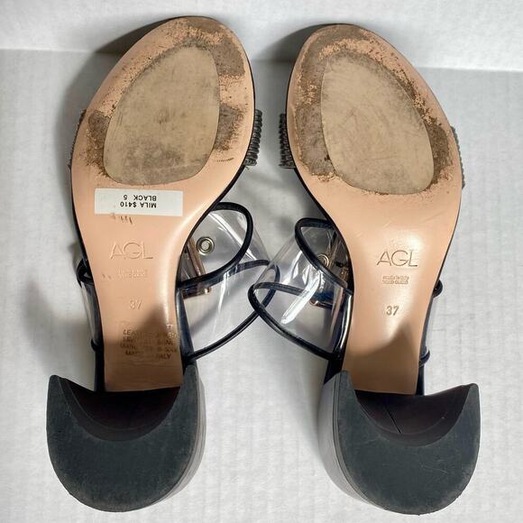 AGL Heels Mila Sandals Clear Strap Leather Black Silver Metallic Block Heel 7 37 - Picture 5 of 10
